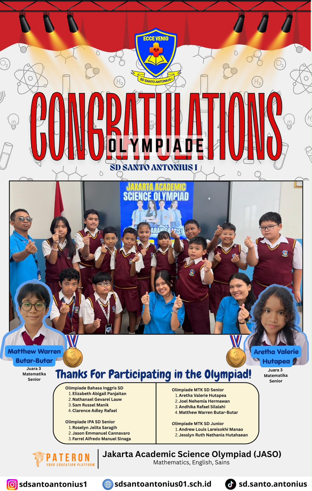 Siswa SD Santo Antonius 1 Raih Prestasi di Jakarta Academic Science Olympiad (JASO)